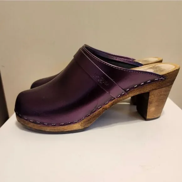 Maguba of Sweden Metallic Purple Leather Wooden Heel Clogs Size 9/40 Ret.$189 - Picture 9 of 12